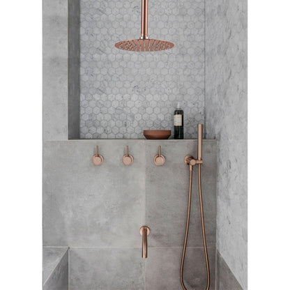 FontanaShowers Verona Creative Luxury 8" Rose Gold Round Ceiling Mounted Solid Brass Shower Head Rainfall Shower System With Triple Mixer, Hand Shower and Tub Spout