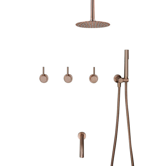 FontanaShowers Verona Creative Luxury 8" Rose Gold Round Ceiling Mounted Solid Brass Shower Head Rainfall Shower System With Triple Mixer, Hand Shower and Tub Spout