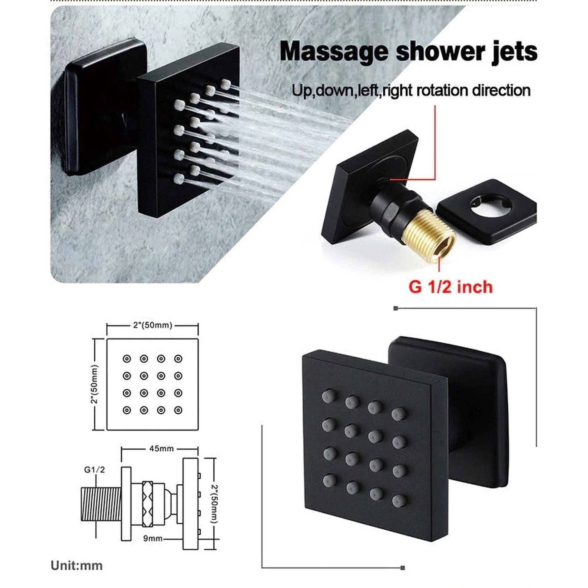 FontanaShowers Verona Creative Luxury Matte Black Rectangular Ceiling Mounted Thermostatic Bluetooth Musical Smart LED Rain Shower System With 6-Jet Massage Sprays and Touch Panel Controlled Hand Shower
