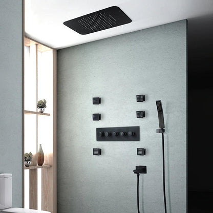 FontanaShowers Verona Creative Luxury Matte Black Rectangular Ceiling Mounted Thermostatic Bluetooth Musical Smart LED Rain Shower System With 6-Jet Massage Sprays and Touch Panel Controlled Hand Shower