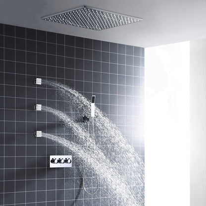 FontanaShowers Verona Creative Luxury Polished Chrome Square Hot & Cold Embedded Ceiling Mounted Shower Head Rainfall Shower System With 3-Jet Sprays and Hand Shower