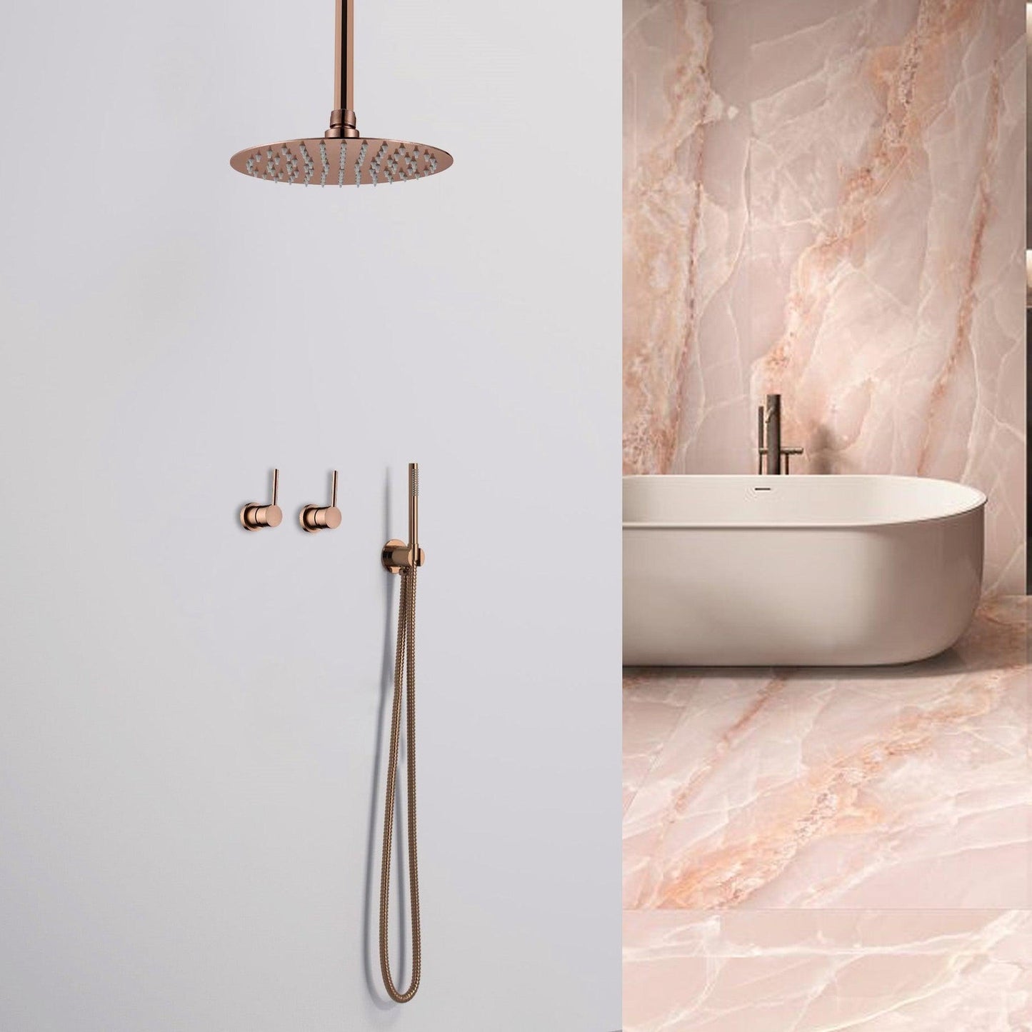 FontanaShowers Verona Creative Luxury Rose Gold Round Ceiling Mounted Solid Brass Shower Head Rainfall Shower System With Dual Mixer and Hand Shower