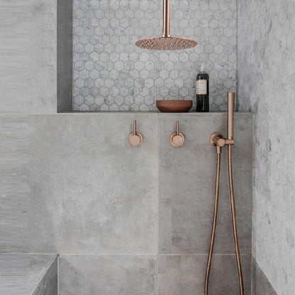 FontanaShowers Verona Creative Luxury Rose Gold Round Ceiling Mounted Solid Brass Shower Head Rainfall Shower System With Dual Mixer and Hand Shower