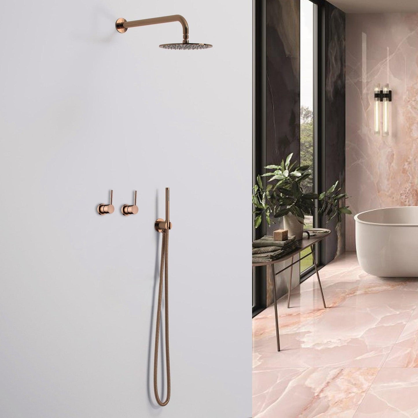 FontanaShowers Verona Creative Luxury Rose Gold Round Wall-Mounted Solid Brass Shower Head Rainfall Shower System With Dual Mixer and Hand Shower