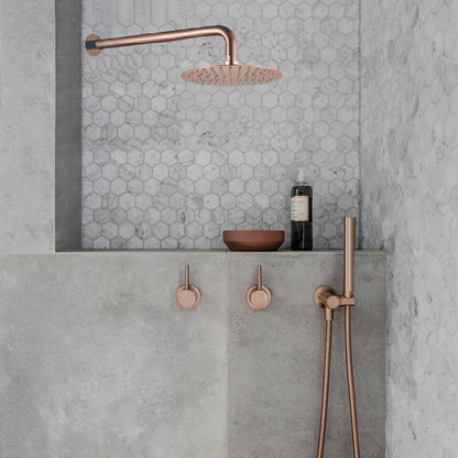 FontanaShowers Verona Creative Luxury Rose Gold Round Wall-Mounted Solid Brass Shower Head Rainfall Shower System With Dual Mixer and Hand Shower