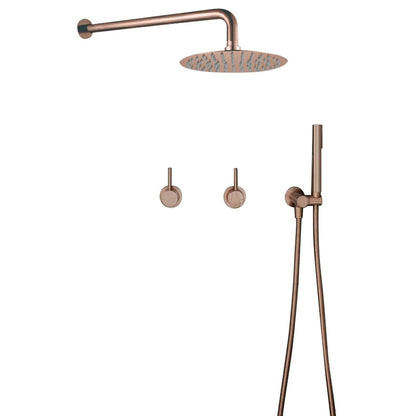 FontanaShowers Verona Creative Luxury Rose Gold Round Wall-Mounted Solid Brass Shower Head Rainfall Shower System With Dual Mixer and Hand Shower