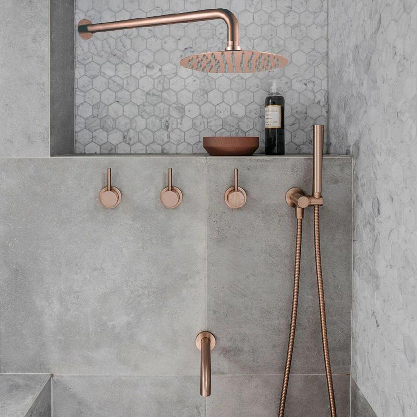 FontanaShowers Verona Creative Luxury Rose Gold Round Wall-Mounted Solid Brass Shower Head Rainfall Shower System With Triple Mixer, Hand Shower and Tub Spout