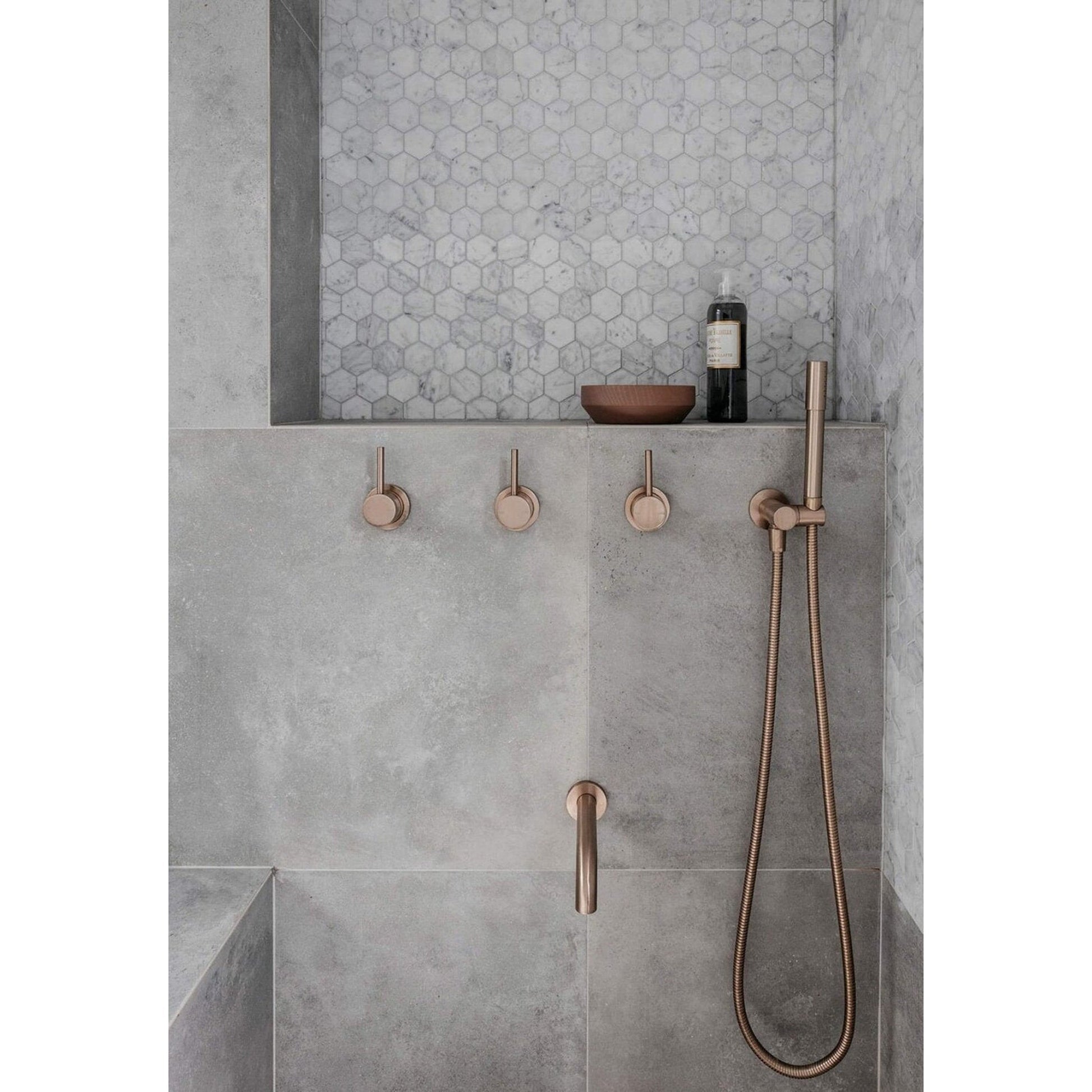 FontanaShowers Verona Creative Luxury Rose Gold Round Wall-Mounted Solid Brass Shower Head Rainfall Shower System With Triple Mixer, Hand Shower and Tub Spout