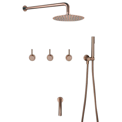 FontanaShowers Verona Creative Luxury Rose Gold Round Wall-Mounted Solid Brass Shower Head Rainfall Shower System With Triple Mixer, Hand Shower and Tub Spout