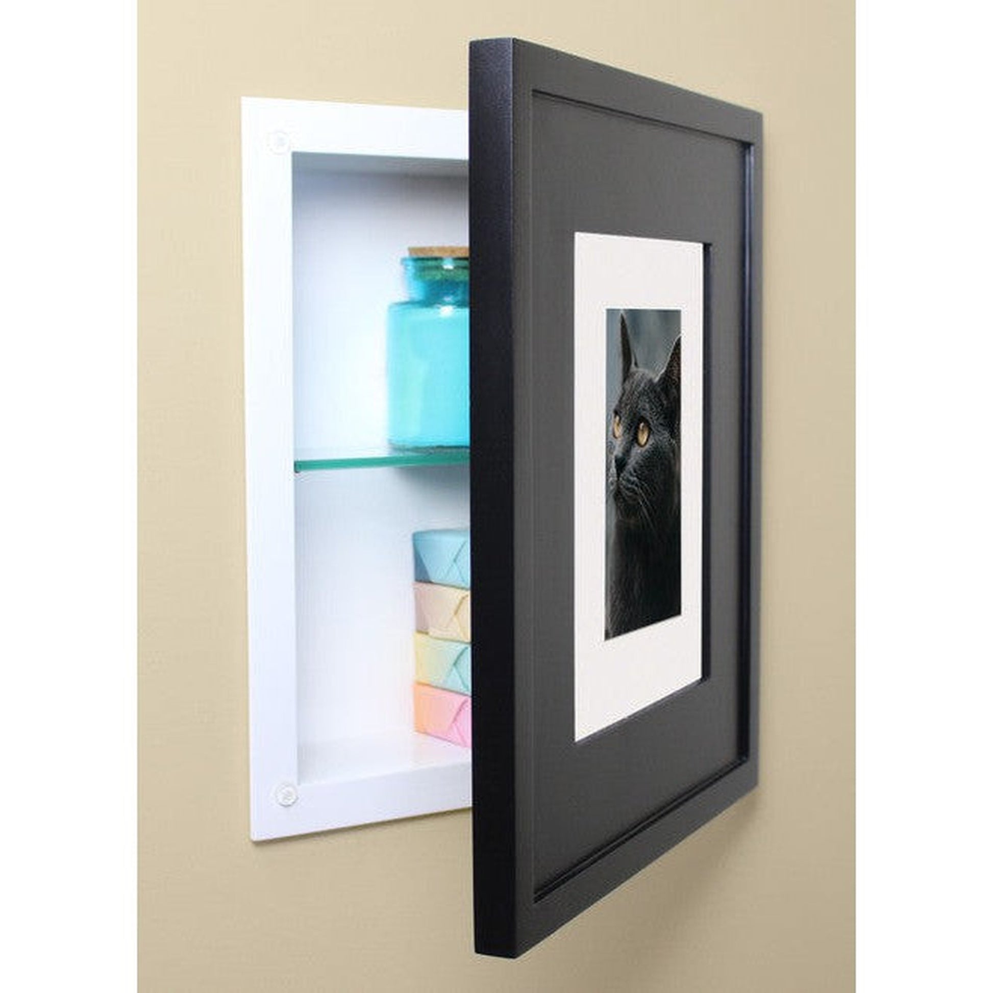 Fox Hollow Furnishings 11" x 14" Black Compact Portrait Special 3" Depth Recessed Picture Frame Medicine Cabinet With Ivory Matting