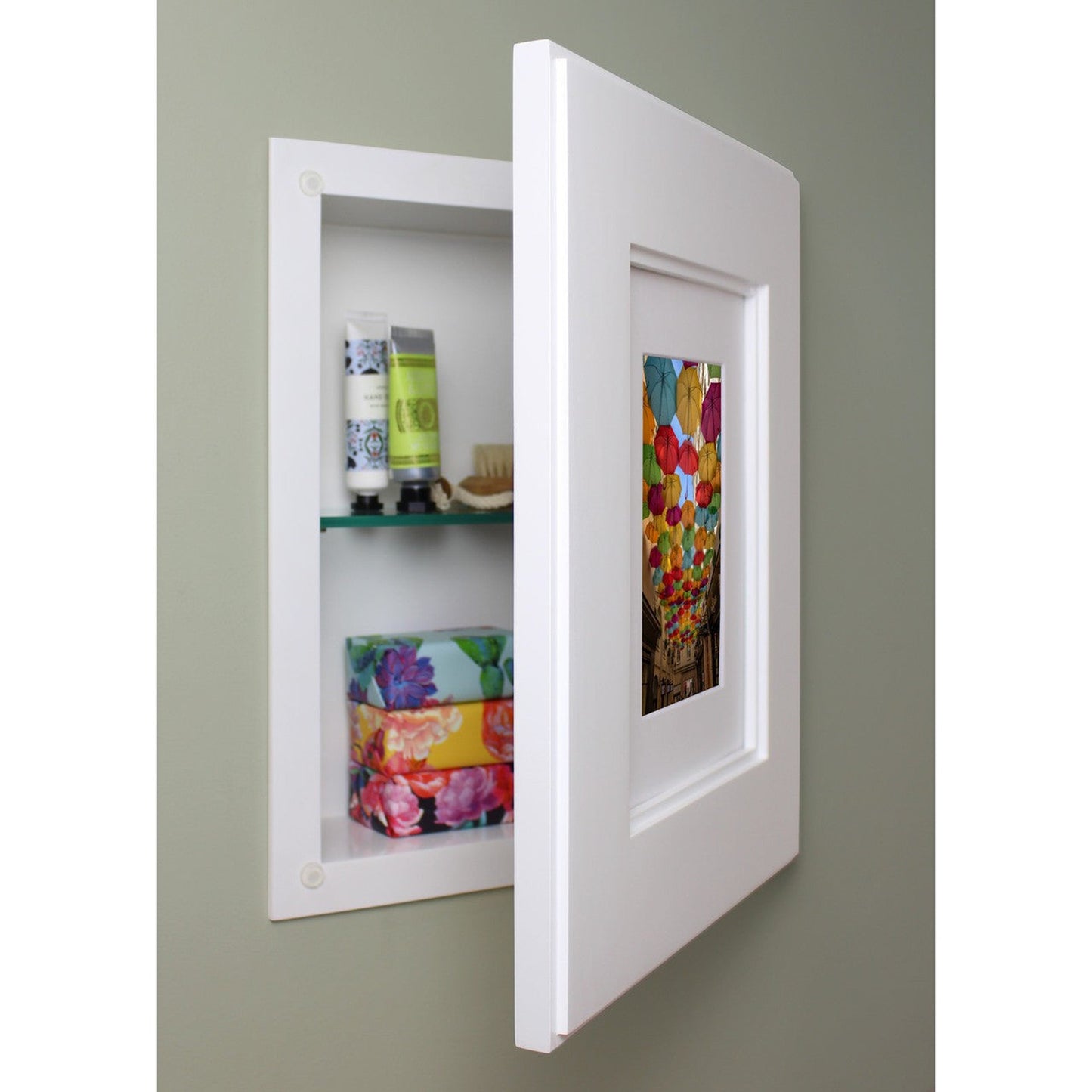 Fox Hollow Furnishings 11" x 14" White Compact Portrait Shaker Special 3" Depth Recessed Picture Frame Medicine Cabinet With Ivory Matting