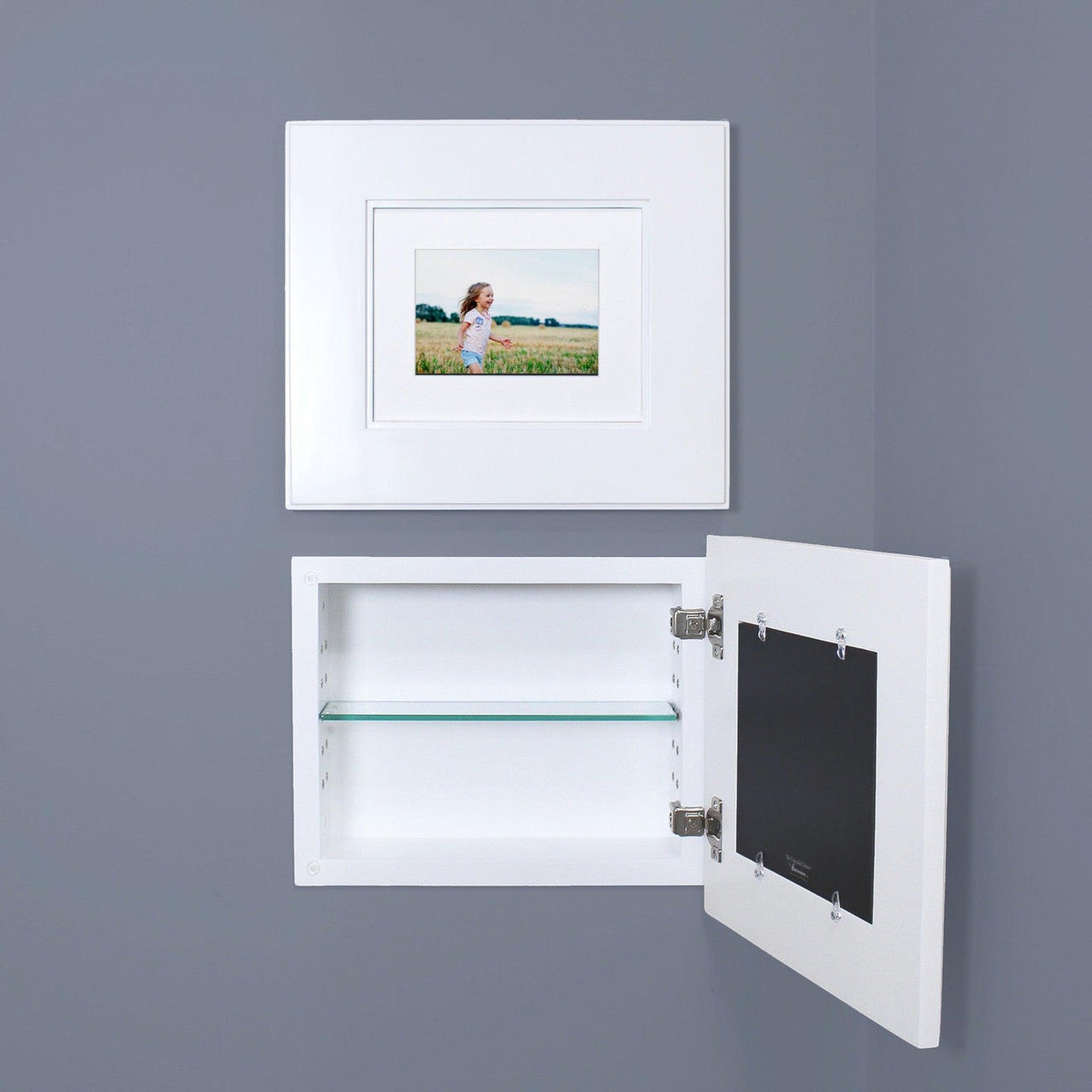 Fox Hollow Furnishings 14" x 11" White Compact Landscape Shaker Special 3" Depth Recessed Picture Frame Medicine Cabinet With Mirror and Ivory Matting