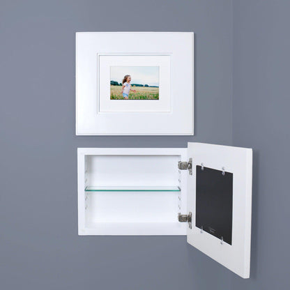 Fox Hollow Furnishings 14" x 11" White Compact Landscape Shaker Special 3" Depth Recessed Picture Frame Medicine Cabinet With Mirror and White Matting