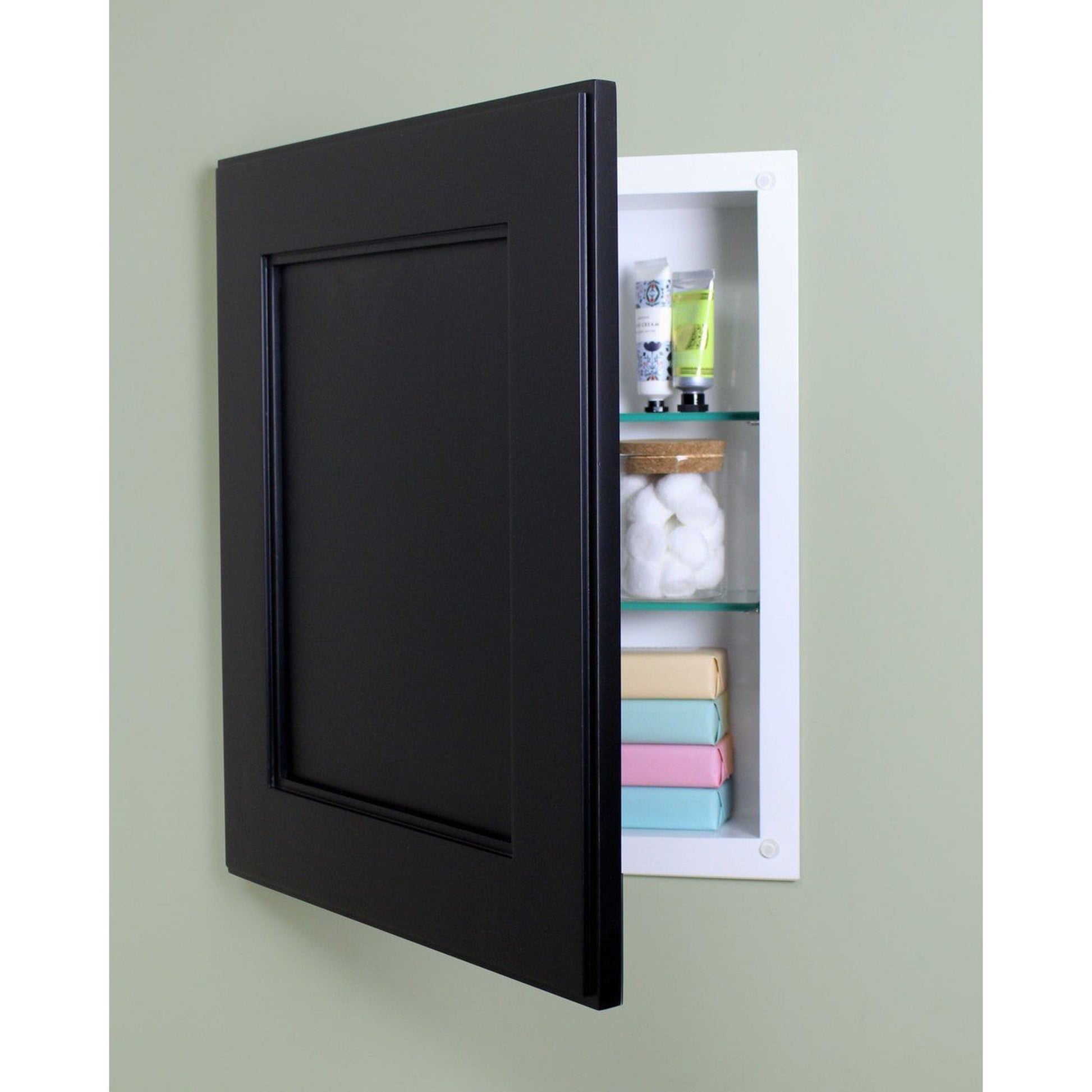 Fox Hollow Furnishings 14" x 18" Black Shaker Style Special 3" Depth White Interior Recessed Medicine Cabinet With Mirror