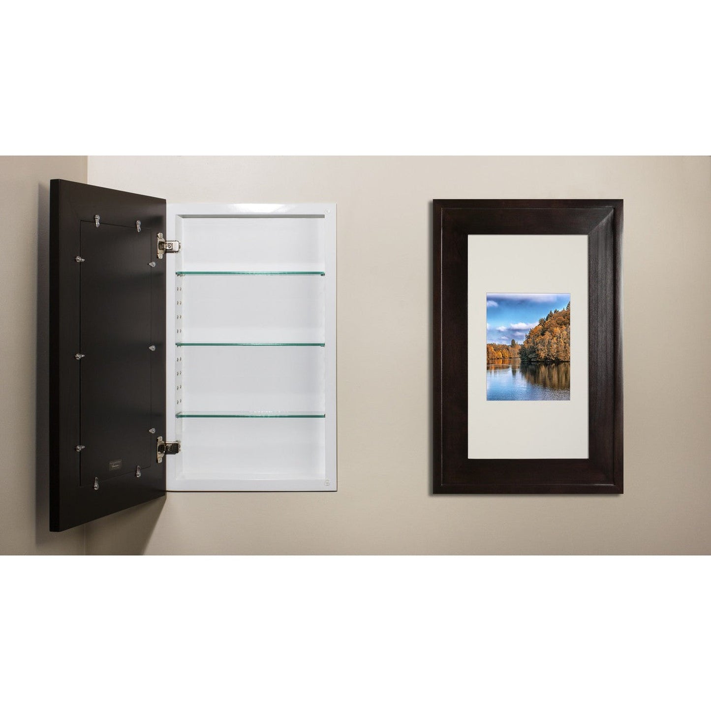Fox Hollow Furnishings 14" x 24" Coffee Bean Extra Large White Interior Special 3" Depth Recessed Picture Frame Medicine Cabinet With Mirror and Ivory Matting