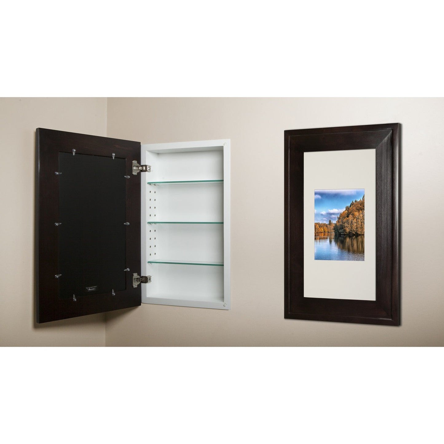 Fox Hollow Furnishings 14" x 24" Coffee Bean Extra Large White Interior Standard Depth Recessed Picture Frame Medicine Cabinet With Mirror and White Matting