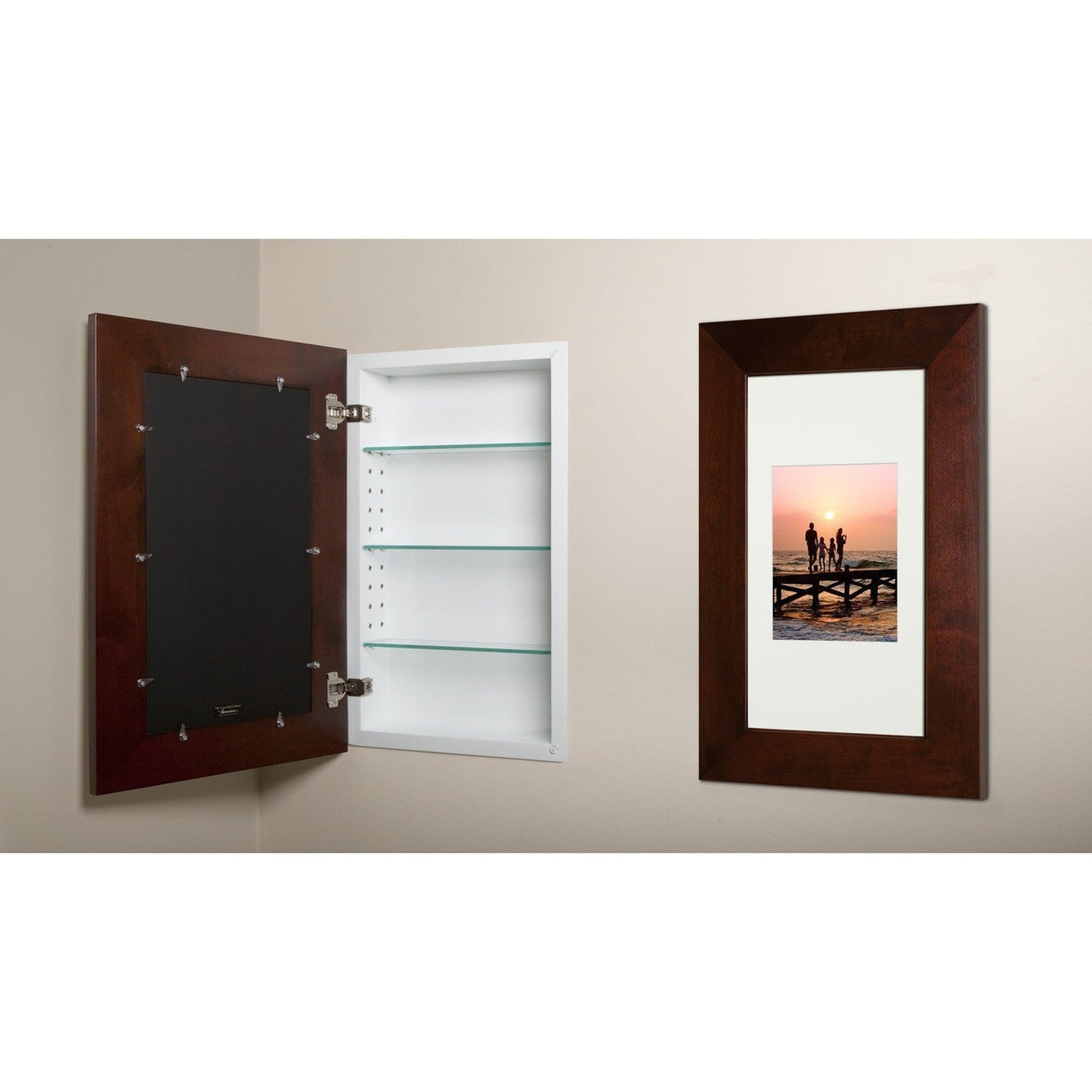 Fox Hollow Furnishings 14" x 24" Espresso Extra Large Special 3" Depth White Interior Recessed Picture Frame Medicine Cabinet With Mirror and Black Matting