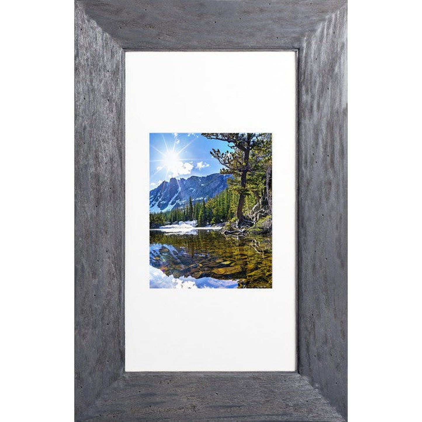 Fox Hollow Furnishings 14" x 24" Rustic Gray Extra Large Special 6" Depth White Interior Recessed Picture Frame Medicine Cabinet With Mirror and Black 8" x 10" Matting