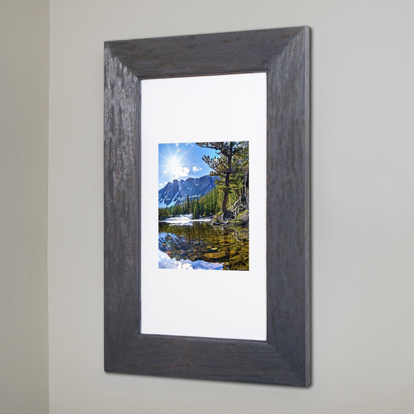 Fox Hollow Furnishings 14" x 24" Rustic Gray Extra Large Standard 4" Depth Natural Interior Recessed Picture Frame Medicine Cabinet With White 8" x 10" Matting