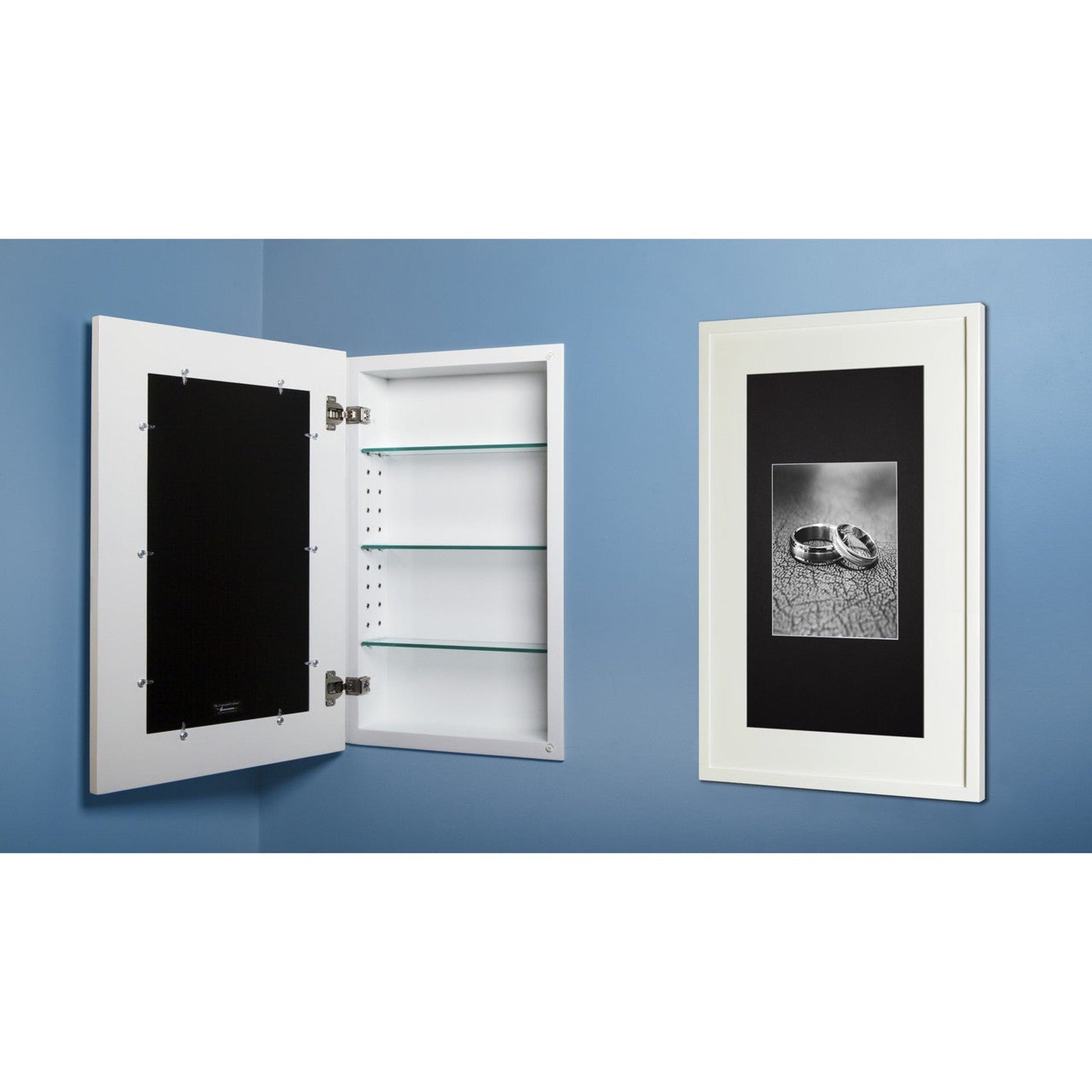Fox Hollow Furnishings 14" x 24" White Extra Large Contemporary Special 3" Depth White Interior Recessed Picture Frame Medicine Cabinet With Mirror and Black Matting