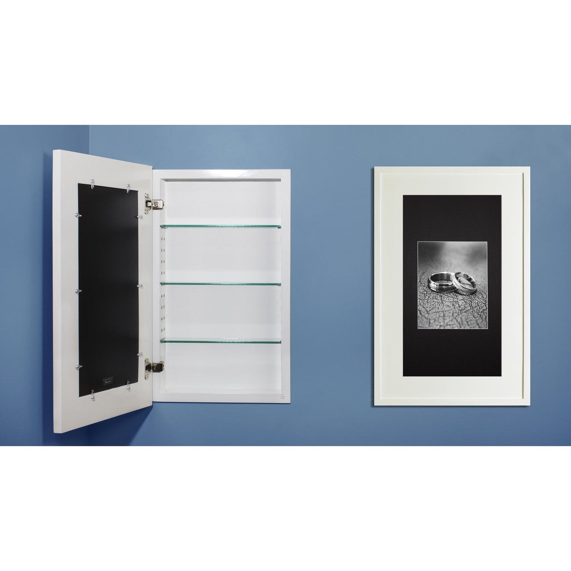 Fox Hollow Furnishings 14" x 24" White Extra Large Contemporary Special 3" Depth White Interior Recessed Picture Frame Medicine Cabinet With White Three Opening Matting