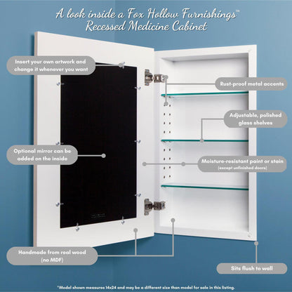 Fox Hollow Furnishings 14" x 24" White Extra Large Shaker Recessed Mirrorless Concealed Medicine Cabinet With Special 3" Depth and Black 8" x 10" Opening