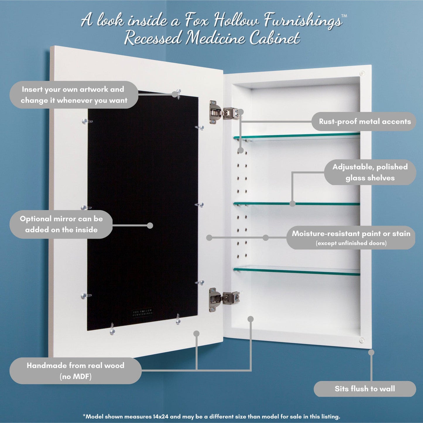 Fox Hollow Furnishings 14" x 24" White Shaker Style White Interior Special 3" Depth Recessed Medicine Cabinet With Mirror