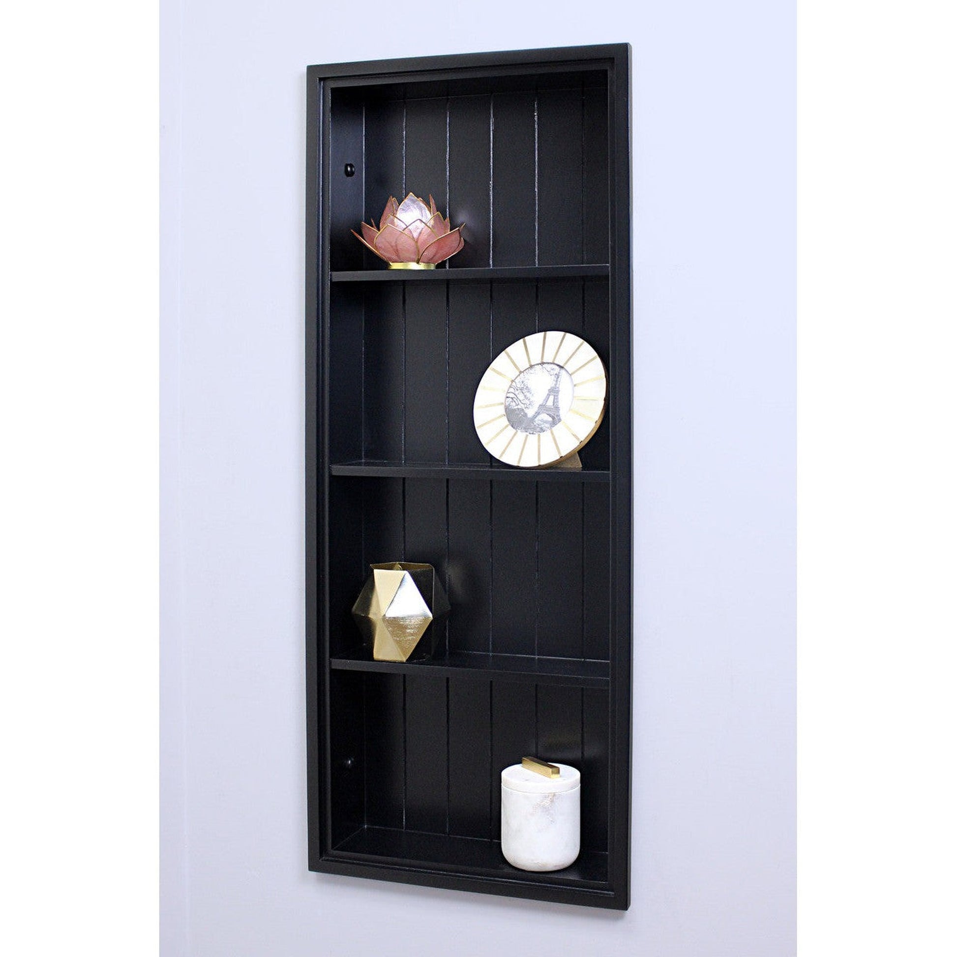 Fox Hollow Furnishings 14" x 36" Black Recessed Sloane Wall Niche With Beadboard Back and Three Shelves