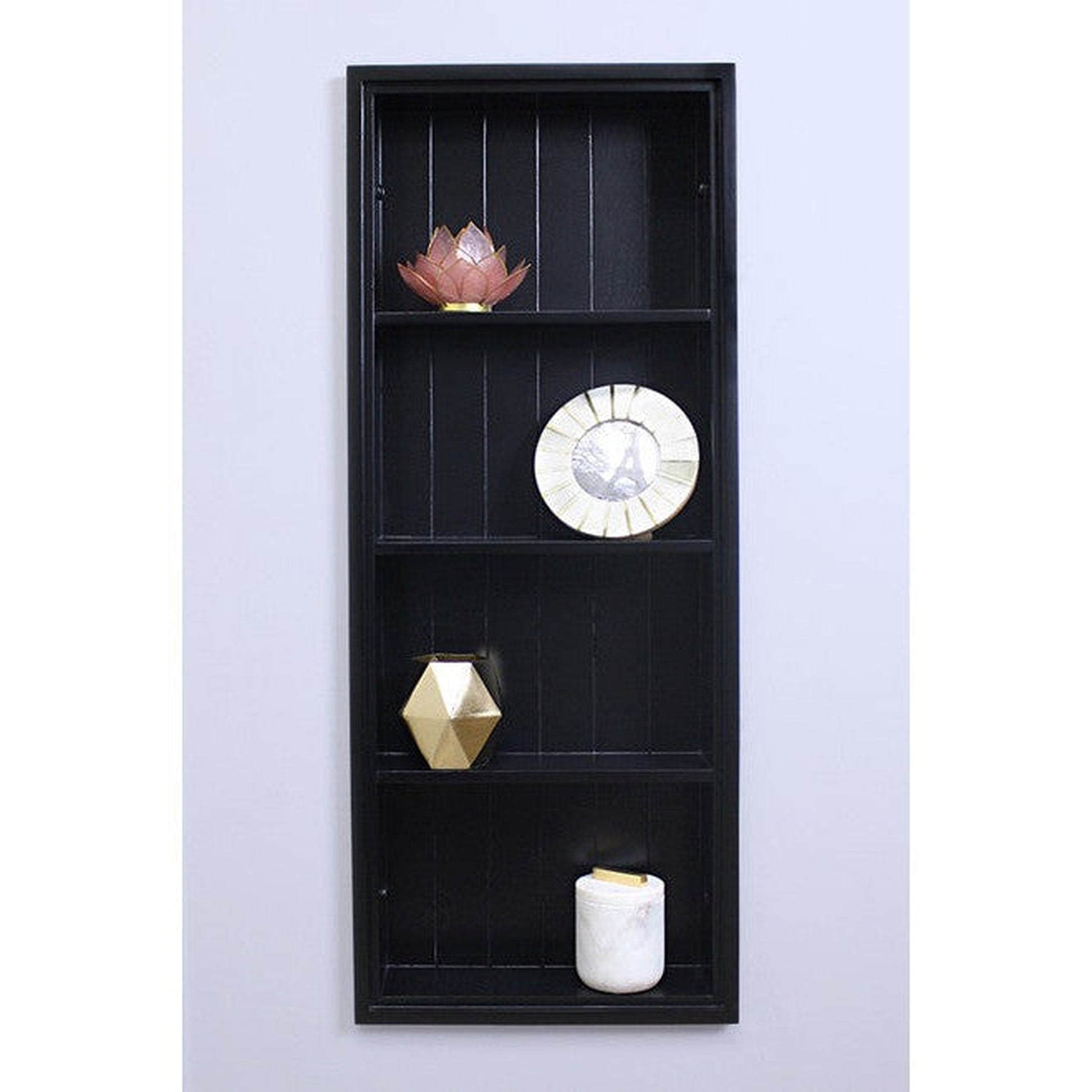 Fox Hollow Furnishings 14" x 36" Black Recessed Sloane Wall Niche With Beadboard Back and Three Shelves
