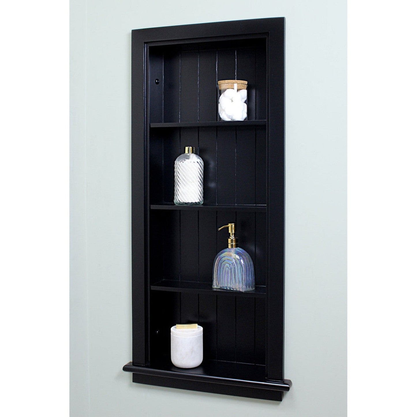 Fox Hollow Furnishings 14" x 36" Black Recessed Wall Niche With Beadboard Back and Three Shelves
