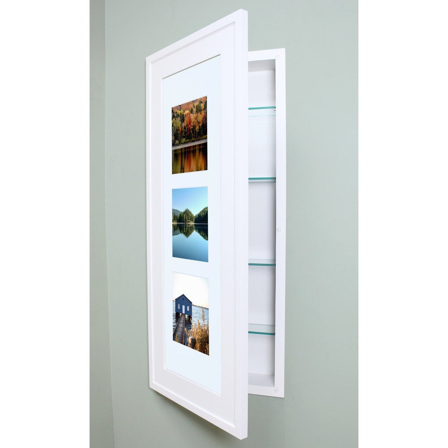 Fox Hollow Furnishings 14" x 36" White Contemporary XXL Recessed Picture Frame Medicine Cabinet With White Five Opening Matting