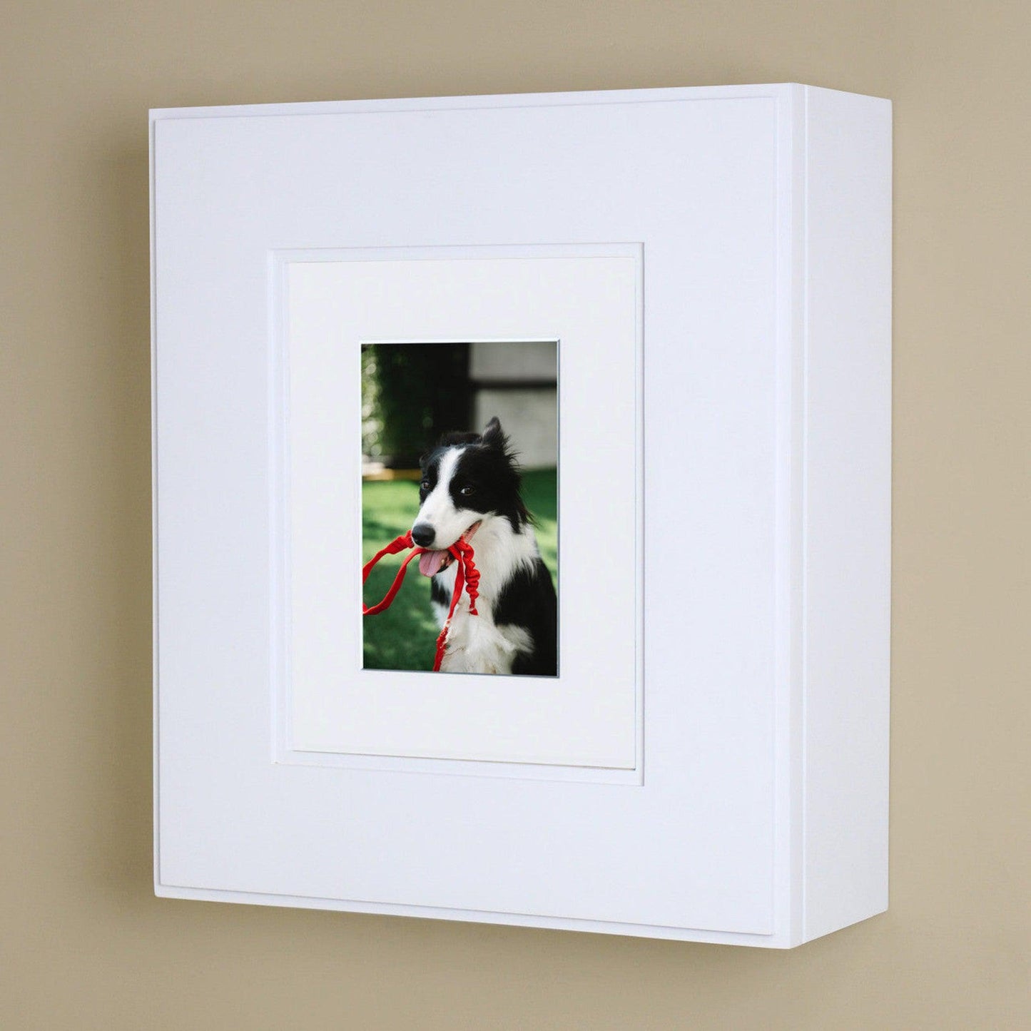 Fox Hollow Furnishings 15" H x 13" W White Shaker Wall Mount Picture Frame Medicine Cabinet With Mirror and White 5" x 7" Matting