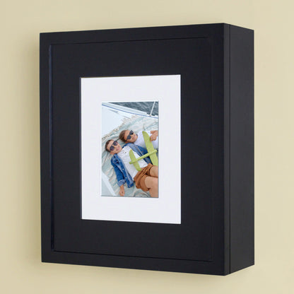 Fox Hollow Furnishings 15" x 13" Black Compact Wall Mount Picture Frame Medicine Cabinet With Mirror and White 5" x 7" Matting
