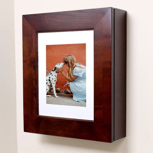 Fox Hollow Furnishings 20" x 17" Espresso Wall Mount Picture Frame Medicine Cabinet With Mirror and Black 8" x 10" Matting