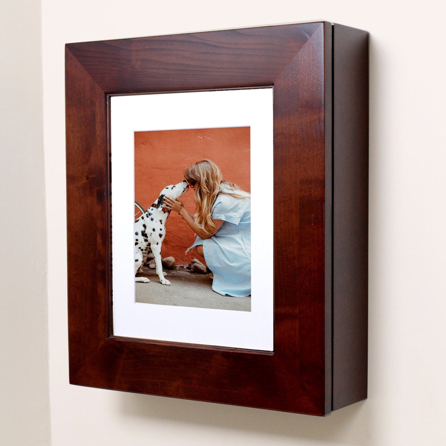 Fox Hollow Furnishings 20" x 17" Espresso Wall Mount Picture Frame Medicine Cabinet With Mirror and Ivory 8" x 10" Matting