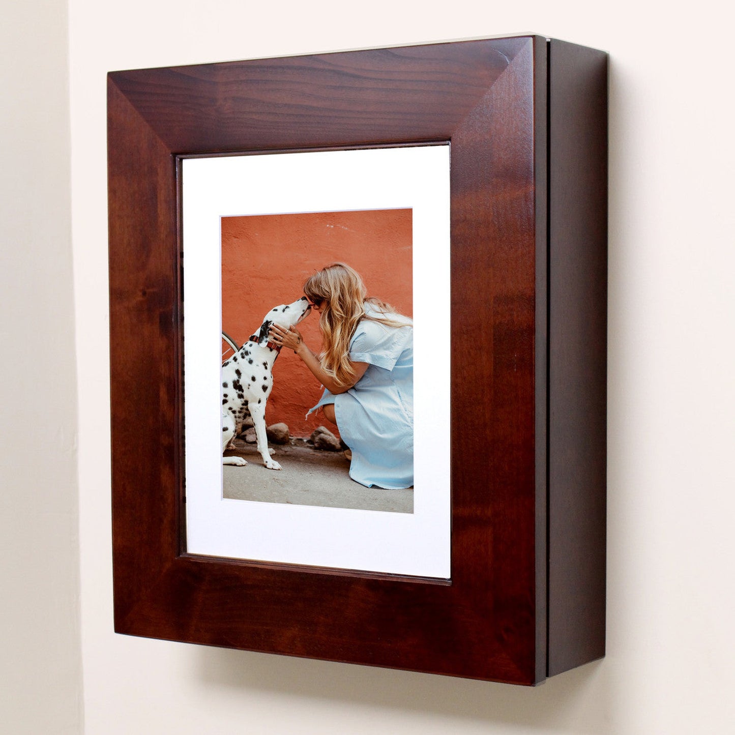Fox Hollow Furnishings 20" x 17" Espresso Wall Mount Picture Frame Medicine Cabinet With Mirror and White 8" x 10" Matting