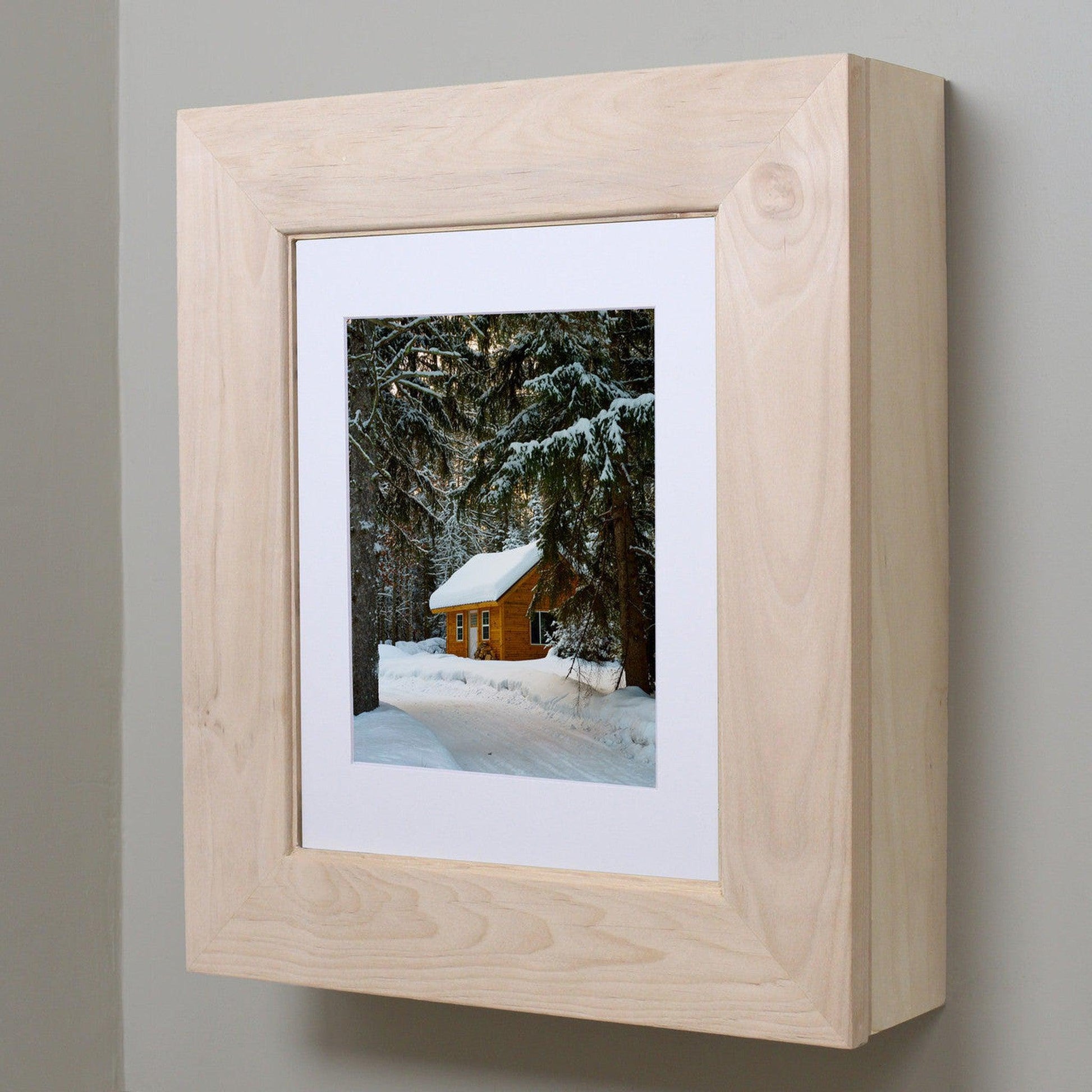 Fox Hollow Furnishings 20" x 17" Unfinished Wall Mount Flat Picture Frame Medicine Cabinet With Mirror and Ivory 8" x 10" Matting