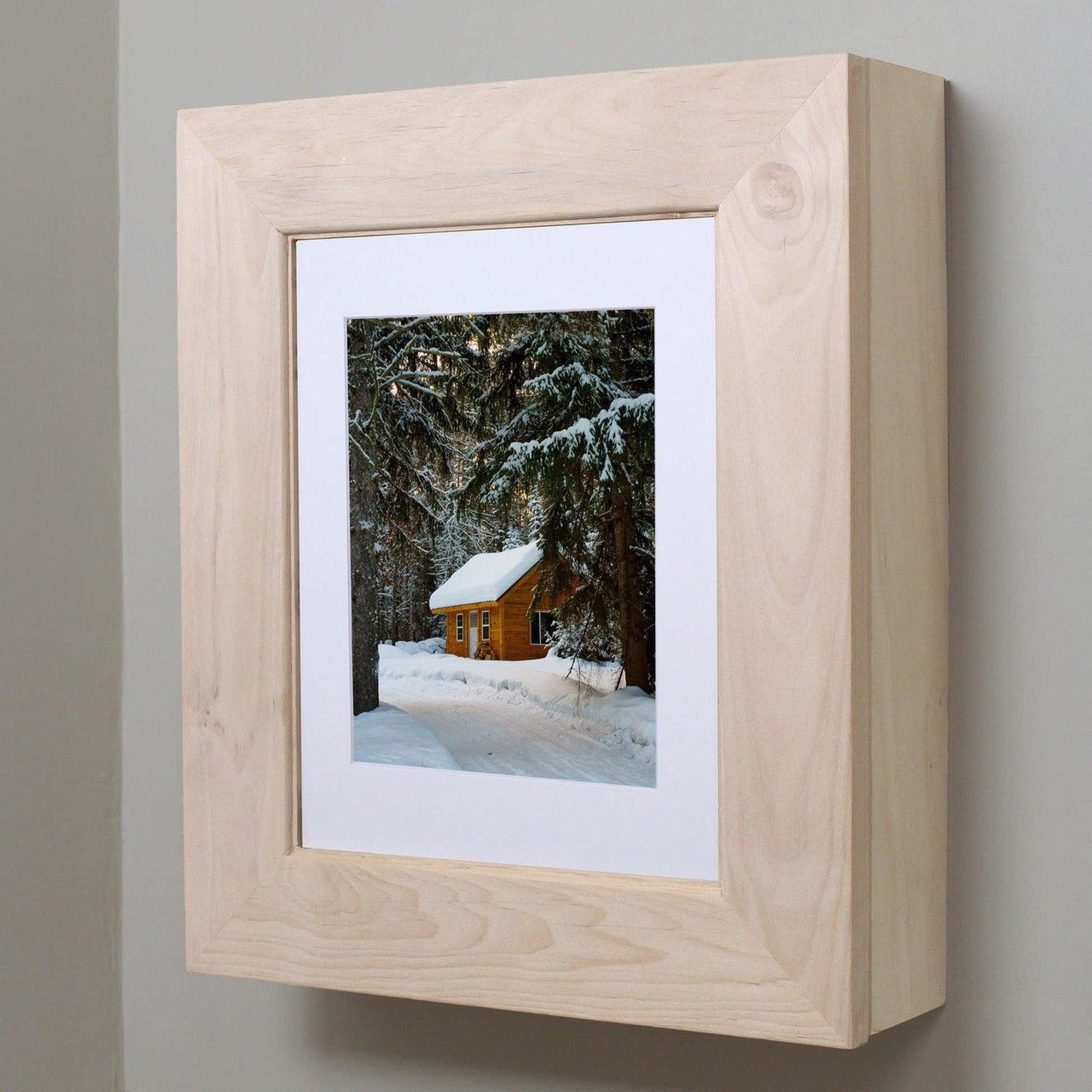 Fox Hollow Furnishings 20" x 17" Unfinished Wall Mount Flat Picture Frame Medicine Cabinet With White 8" x 10" Matting