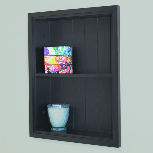 Fox Hollow Furnishings Aiden 14" x 18" Black Recessed Sloane Wall Niche With Beadboard Back and One Fixed Shelf