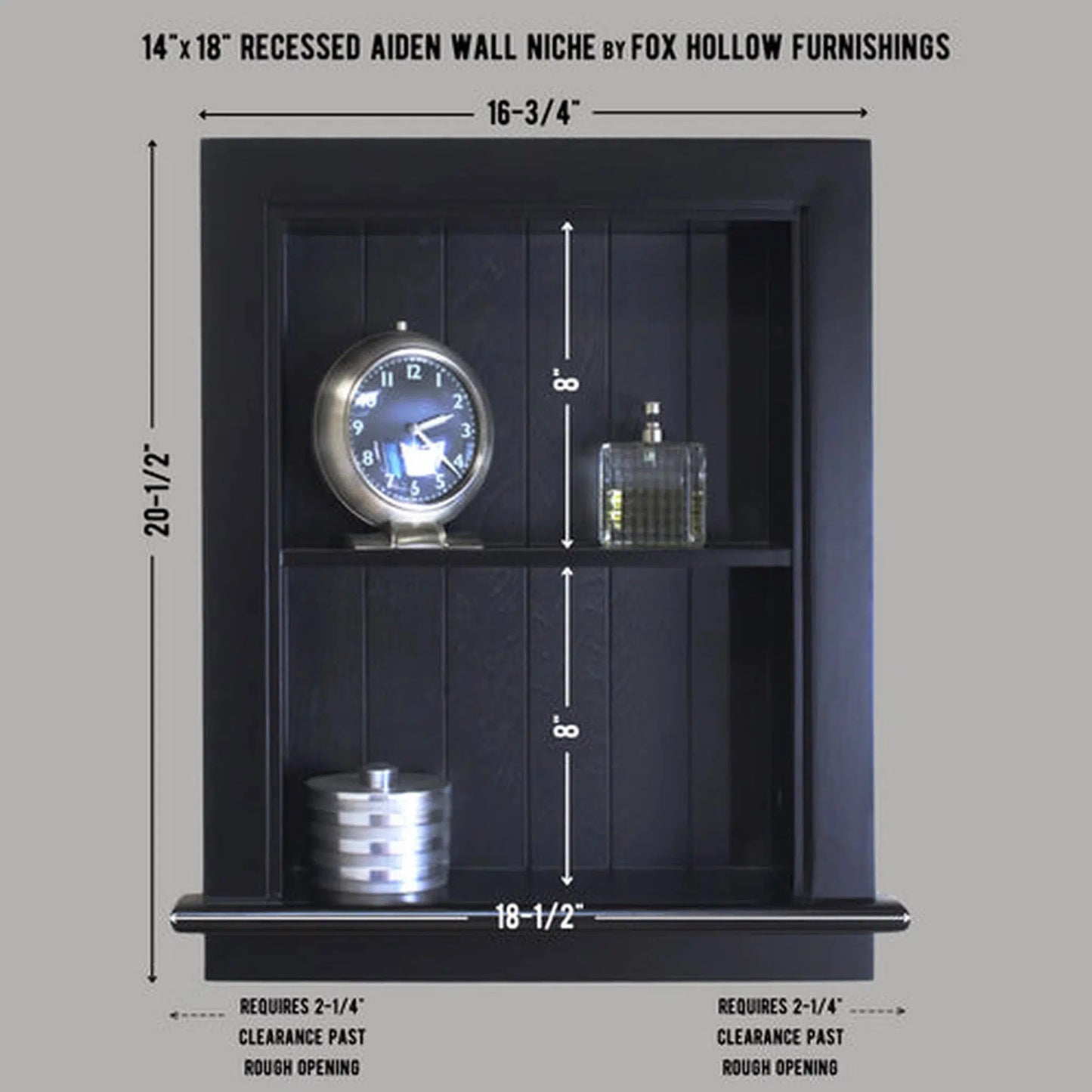 Fox Hollow Furnishings Aiden 14" x 18" Black Recessed Sloane Wall Niche With Plain Back and One Fixed Shelf