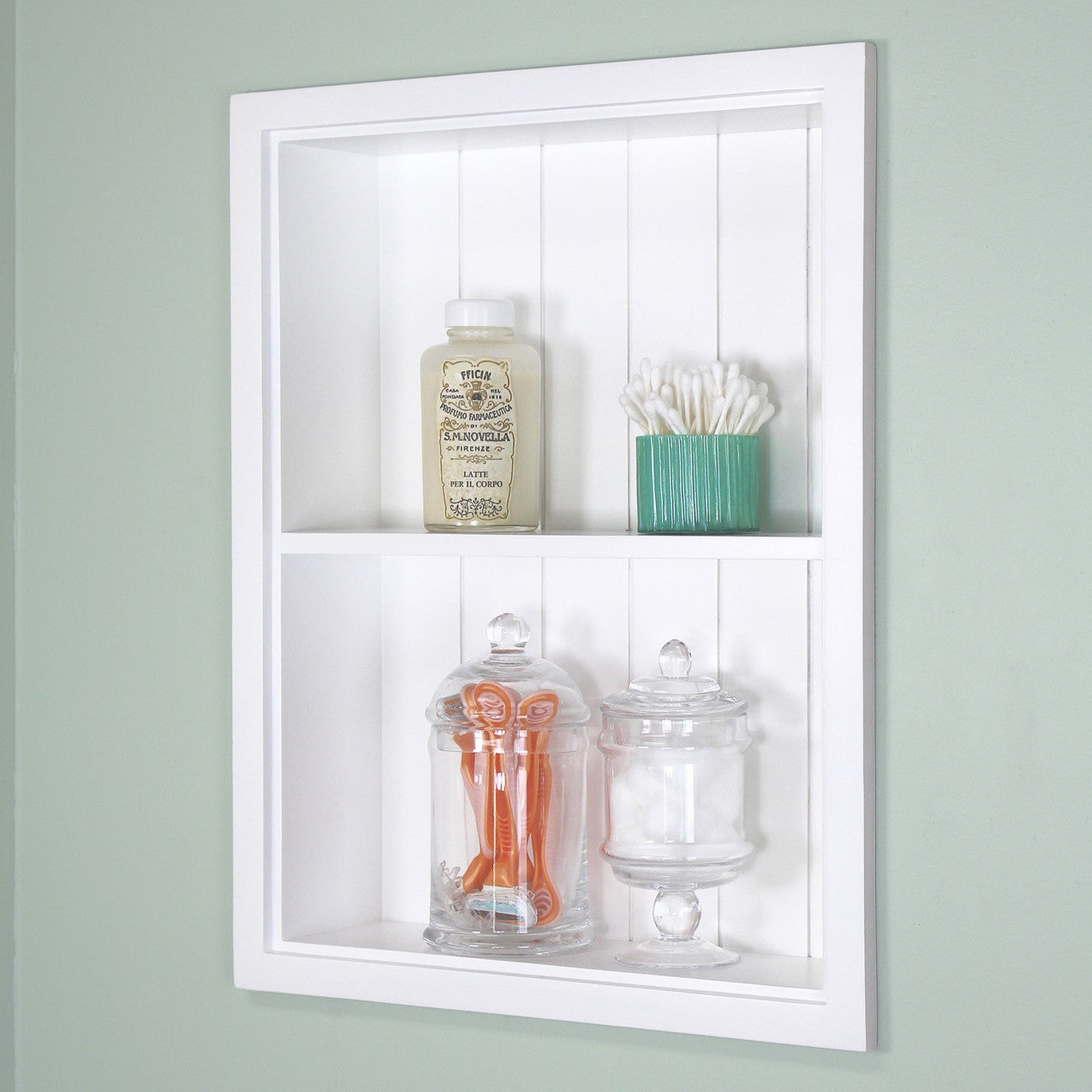 Fox Hollow Furnishings Aiden 14" x 18" White Recessed Sloane Wall Niche With Beadboard Back and One Fixed Shelf