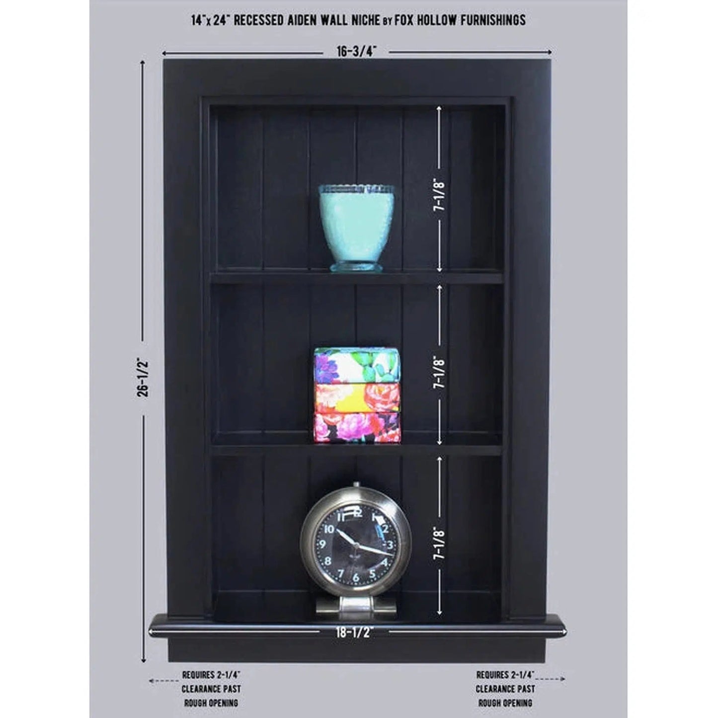 Fox Hollow Furnishings Aiden 14" x 24" Black Recessed Wall Niche With Beadboard Back