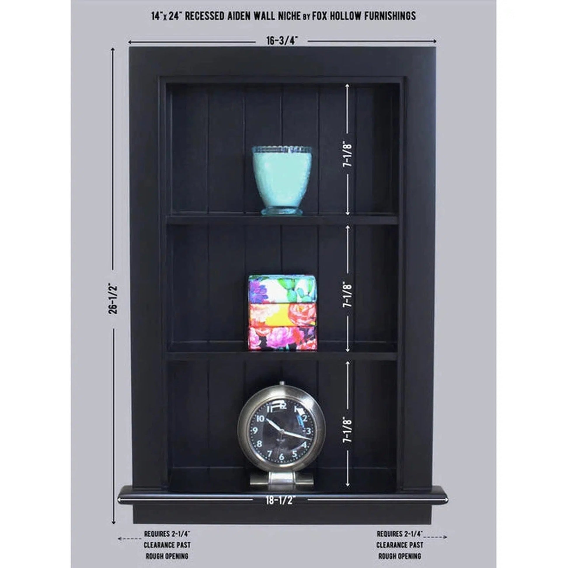 Fox Hollow Furnishings Aiden 14" x 24" Black Recessed Wall Niche With Beadboard Back