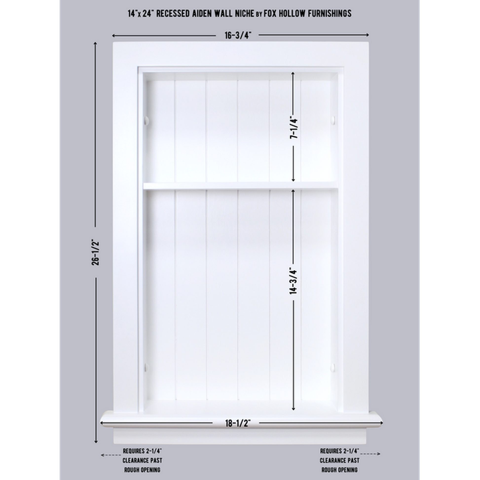 Fox Hollow Furnishings Aiden 14" x 24" White Recessed Wall Niche With Beadboard Back and One Shelf