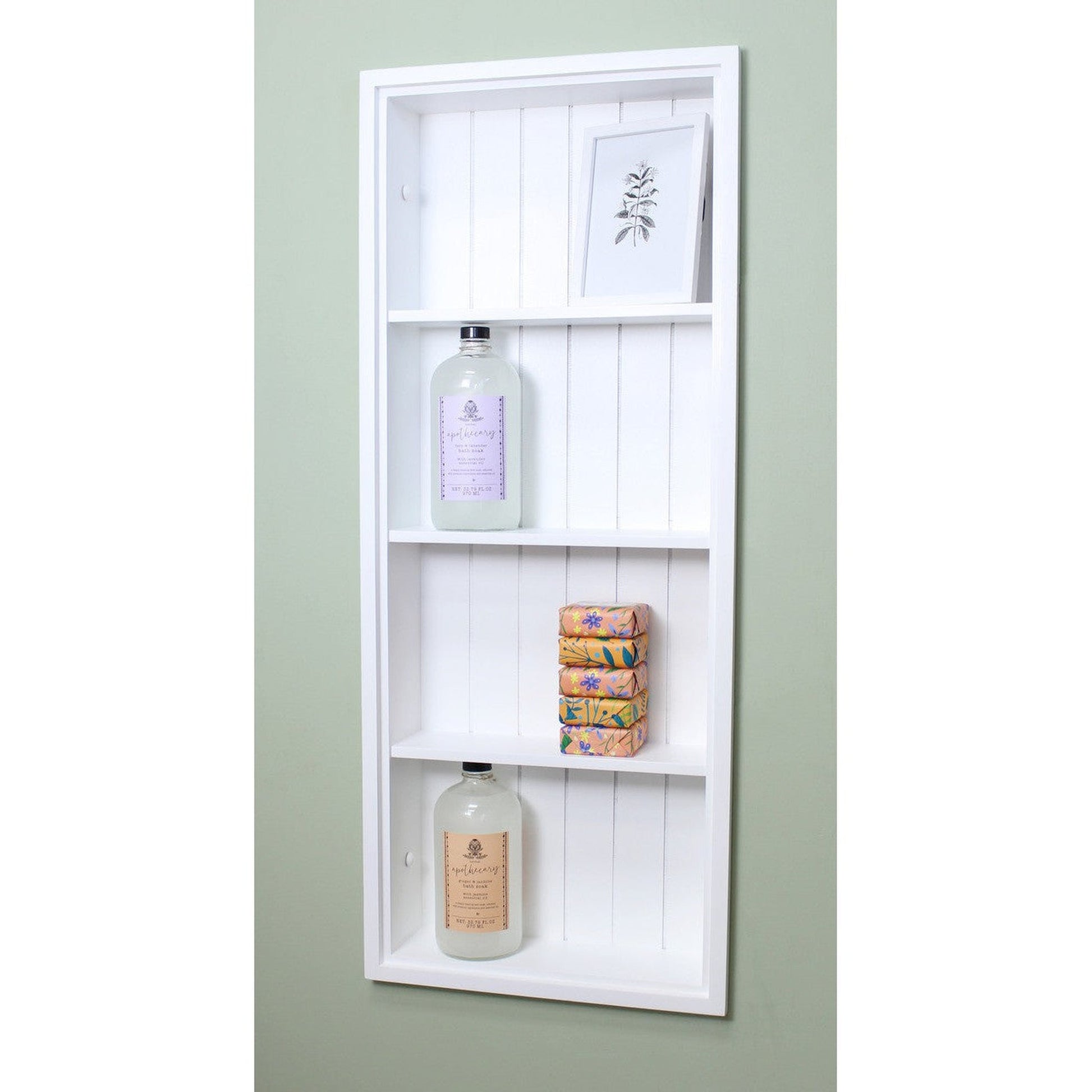 Fox Hollow Furnishings Aiden 14" x 36" White Recessed Sloane Wall Niche With Beadboard Back and Three Shelves