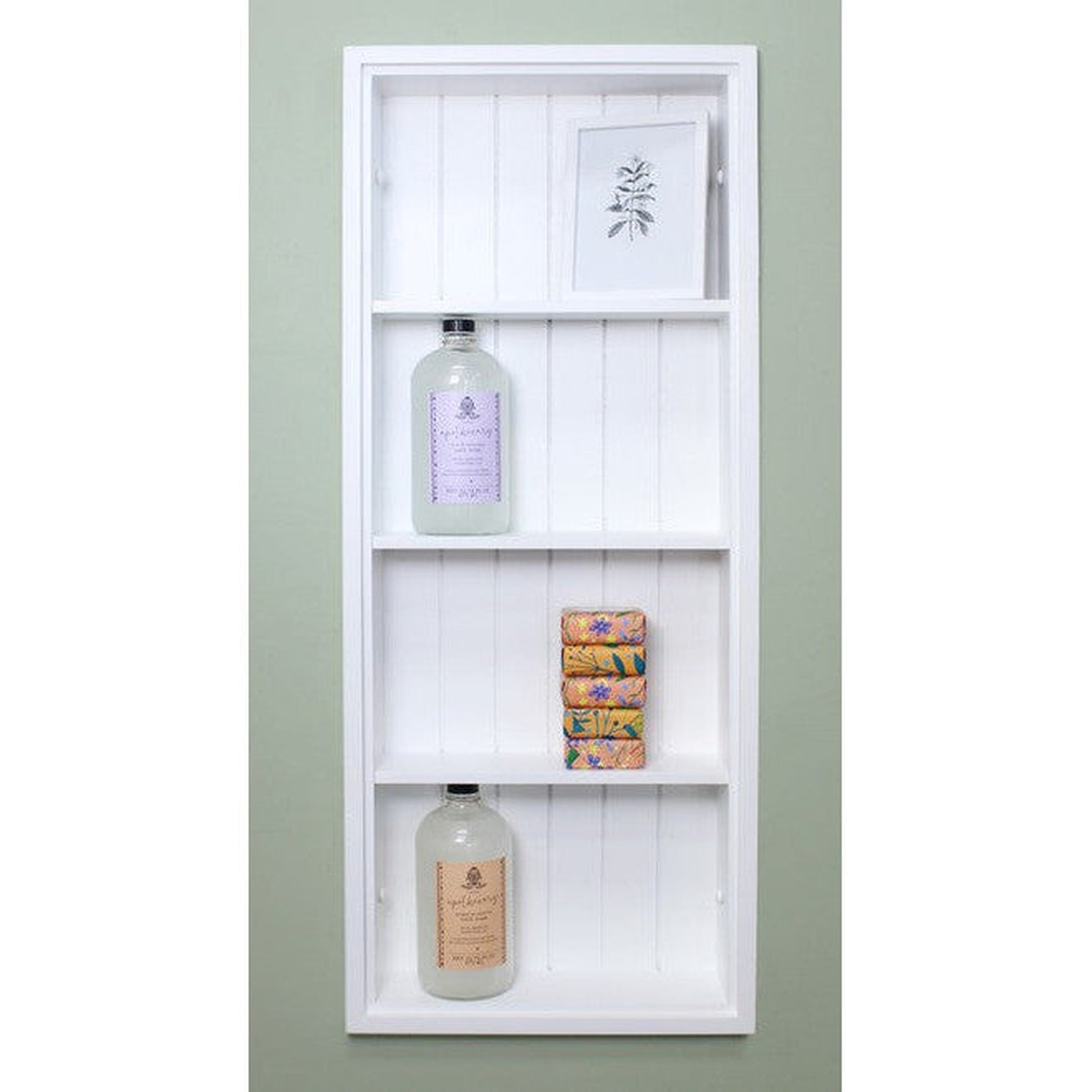 Fox Hollow Furnishings Aiden 14" x 36" White Recessed Sloane Wall Niche With Beadboard Back and Three Shelves