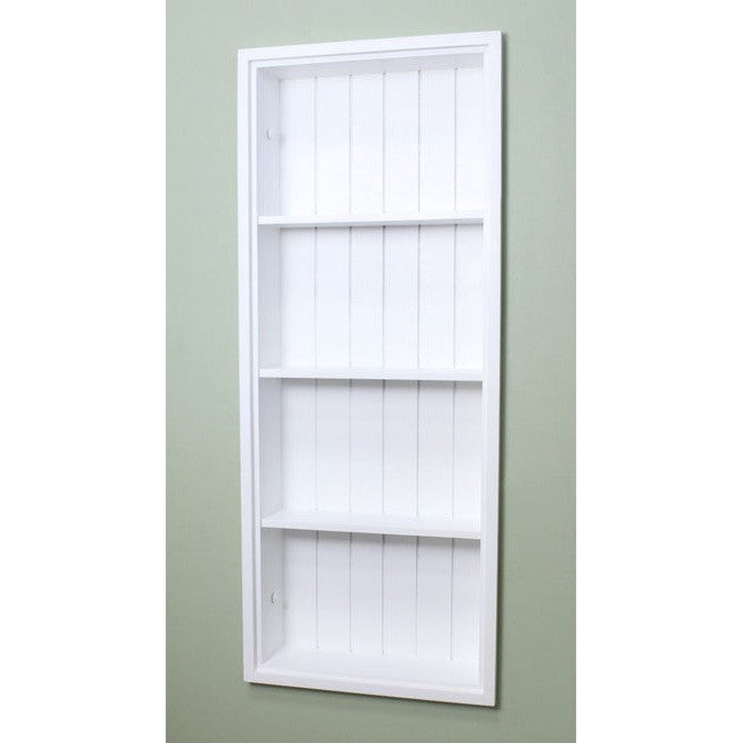 Fox Hollow Furnishings Aiden 14" x 36" White Recessed Sloane Wall Niche With Beadboard Back and Three Shelves