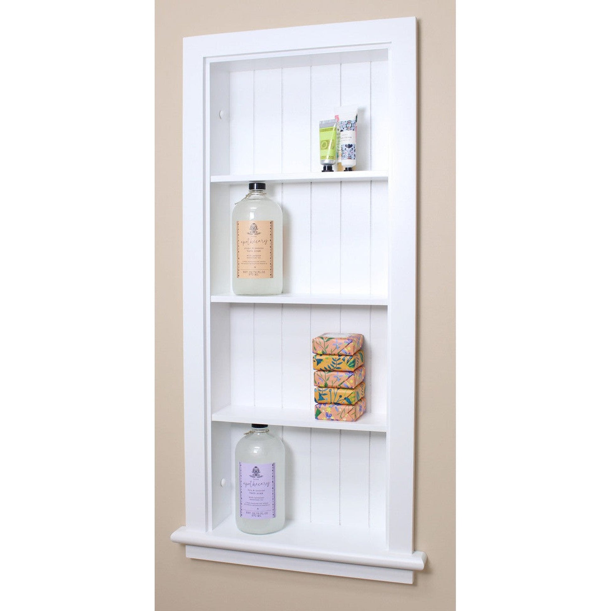 Fox Hollow Furnishings Aiden 14" x 36" White Recessed Wall Niche With Beadboard Back and Three Shelves