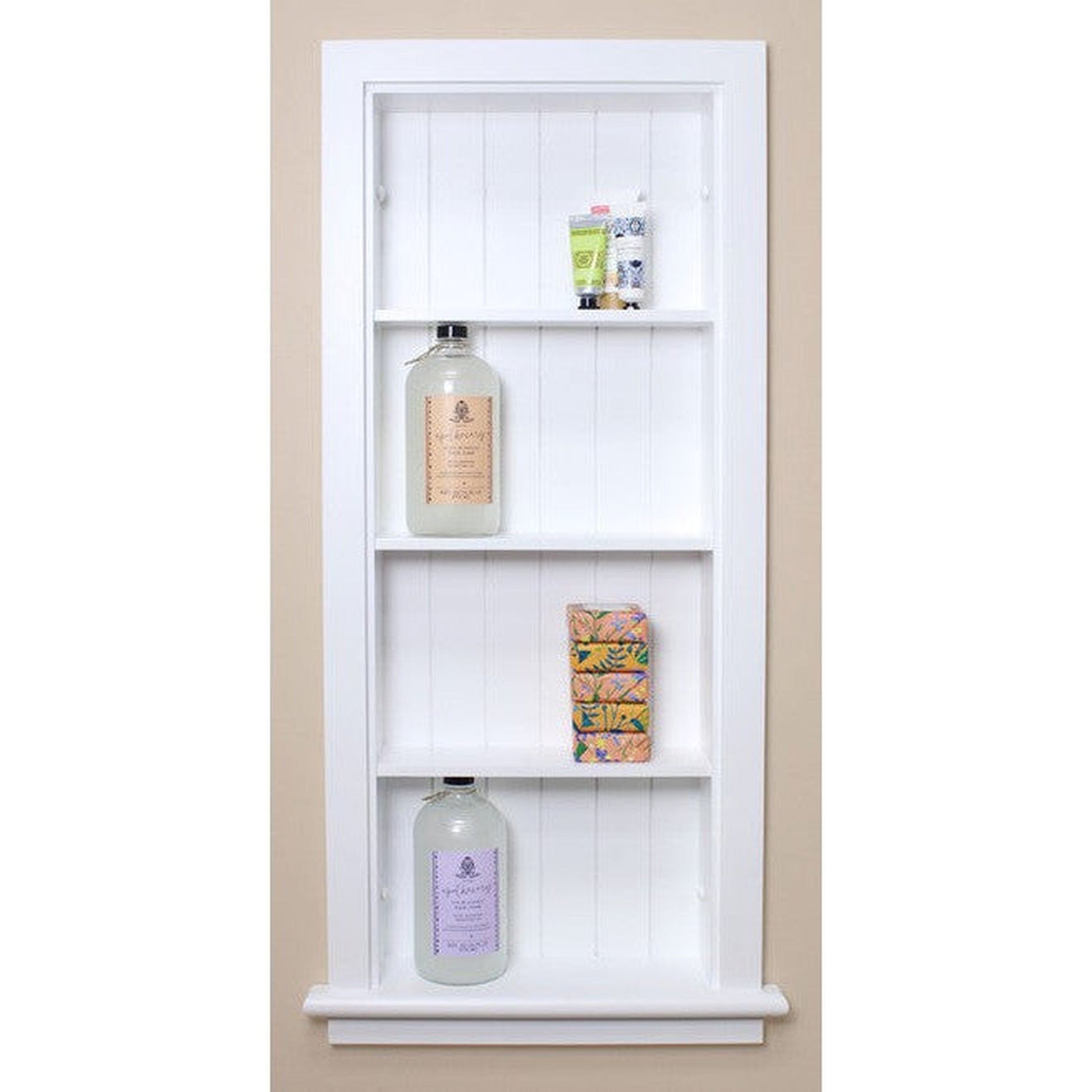 Fox Hollow Furnishings Aiden 14" x 36" White Recessed Wall Niche With Beadboard Back and Three Shelves