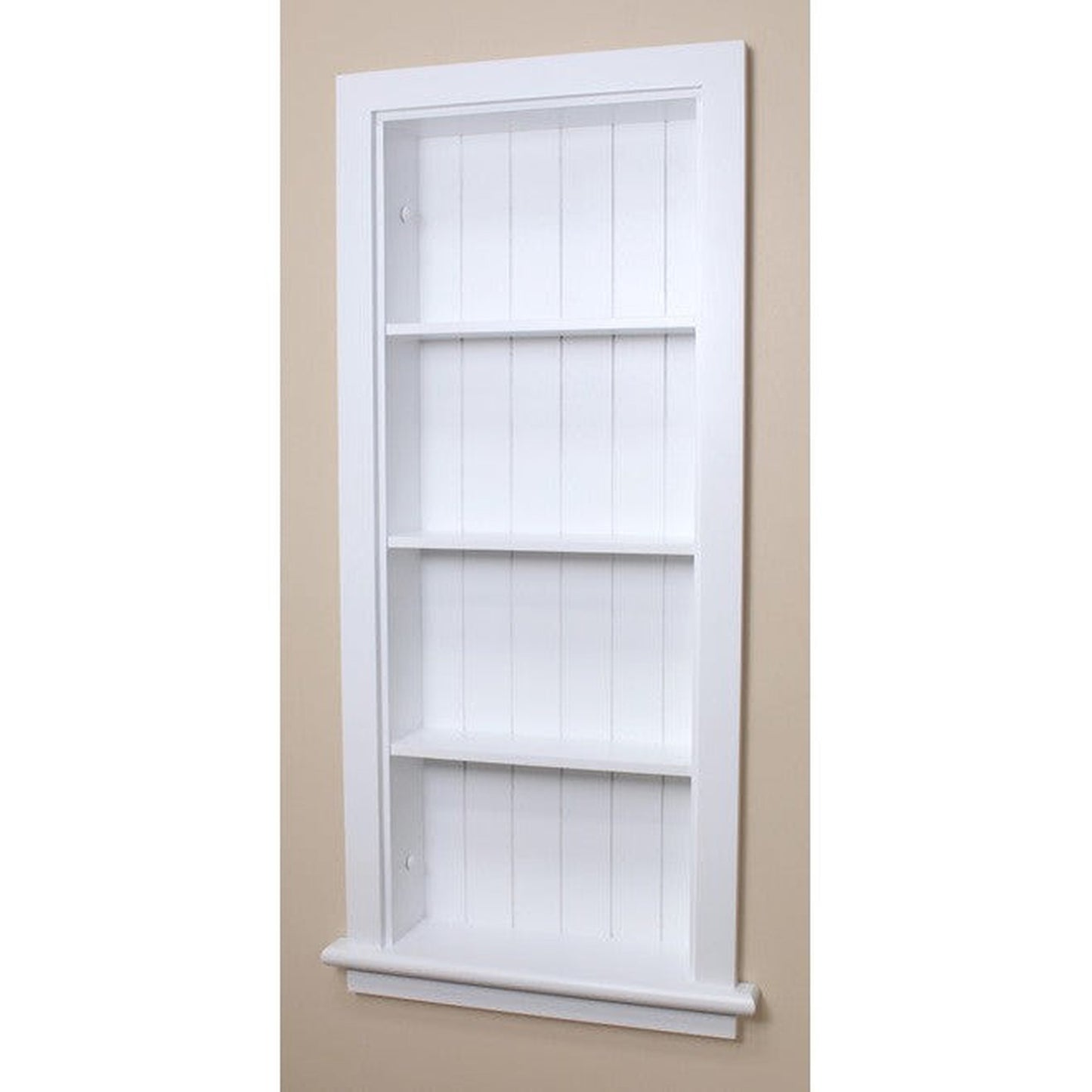 Fox Hollow Furnishings Aiden 14" x 36" White Recessed Wall Niche With Beadboard Back and Three Shelves